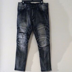 Smoke Riss Gray Motorcycle Jeans with Ribbed Knee Panels